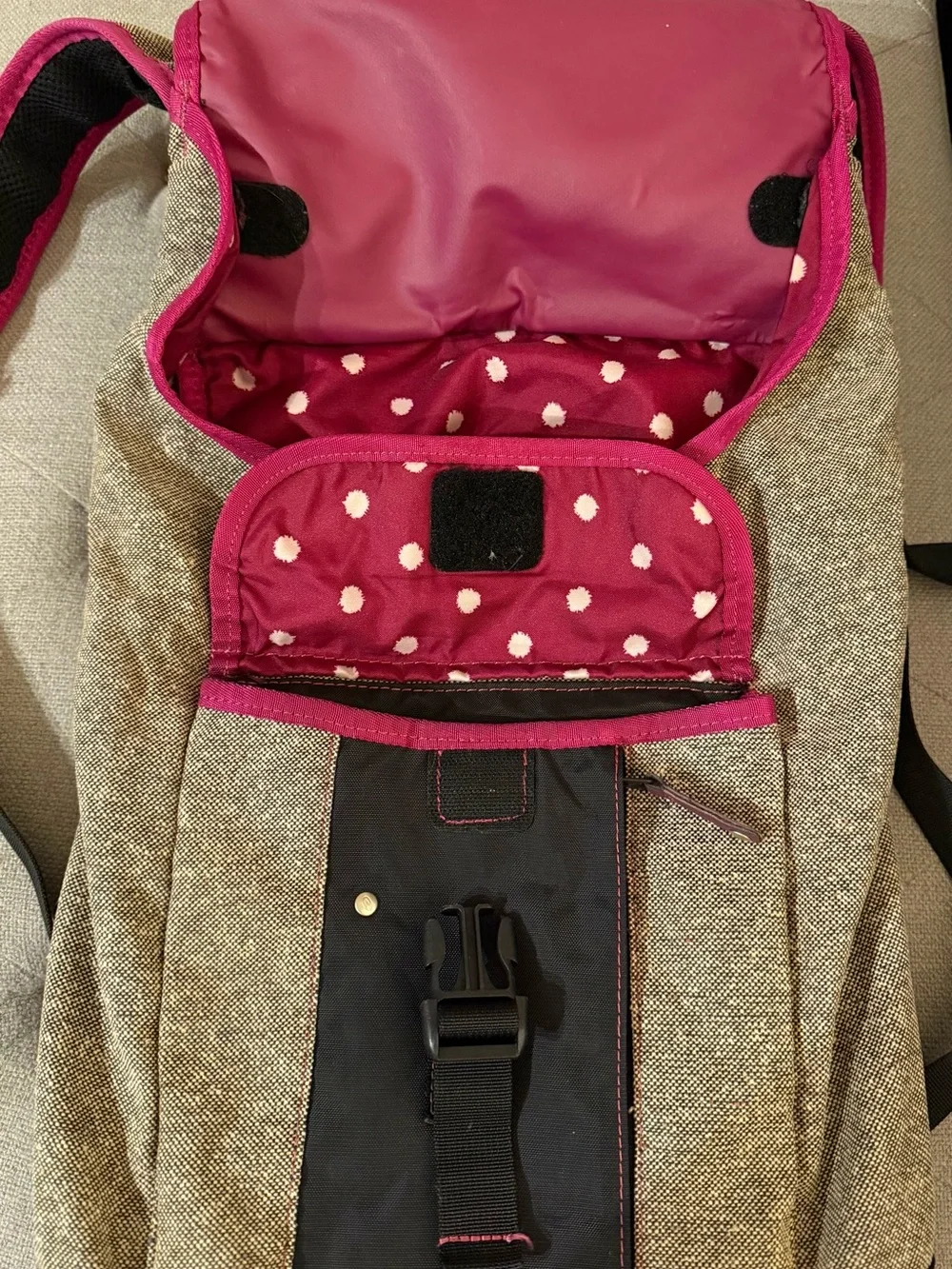 RARE! Timbuk2 Candybar Backpack | Gray Tweed, Pink Polkadot Lining